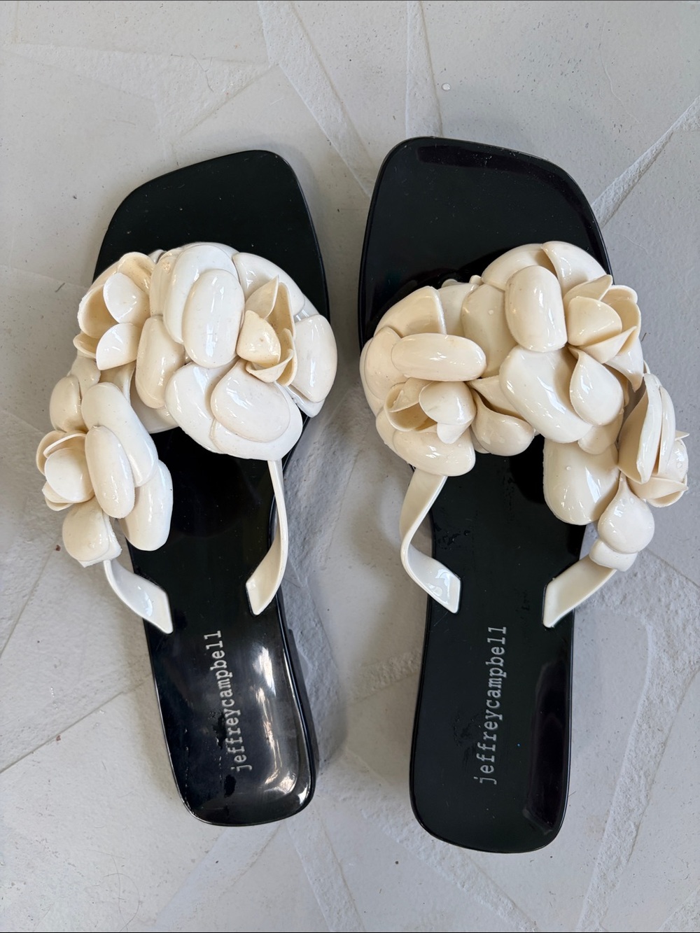 Jeffrey Campbell Black Footbed Cream Floral Appliqué Sandals